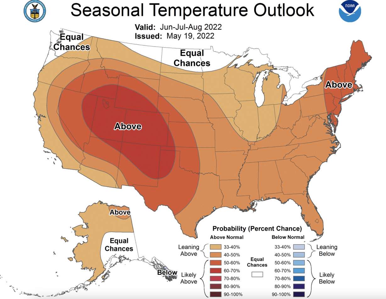 This map, provided by the National Weather Service Climate Prediction Center on Thursday, shows temperature probabilities across the U.S. for the summer months of June, July and August. Utah has one of the strongest probabilities for above-average temperatures this summer.