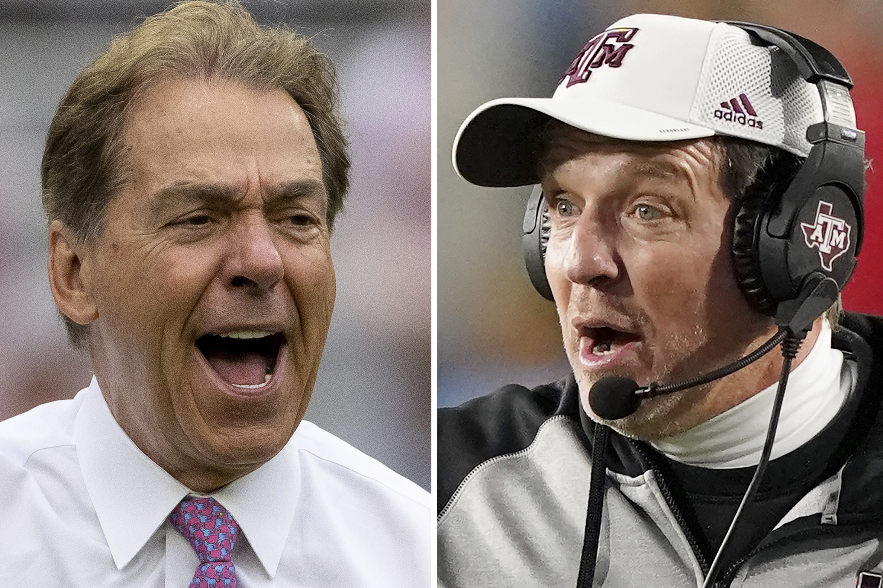 FILE - At left, Alabama head coach Nick Saban yells to the sideline during the first half of Alabama's NCAA college football scrimmage, Saturday, April 16, 2022, in Tuscaloosa, Ala. At right, Texas A&M coach Jimbo Fisher reacts to an official's call during the second half of the team's NCAA college football game against Mississippi, Saturday, Nov. 13, 2021, in Oxford, Miss. Texas A&M coach Jimbo Fisher called Nick Saban a “narcissist” Thursday, May 19, 2022. after the Alabama coach made “despicable” comments about the Aggies using name, image and likeness deals to land their top-ranked recruiting classes. Saban called out Texas A&M on Wednesday night for “buying” players. 