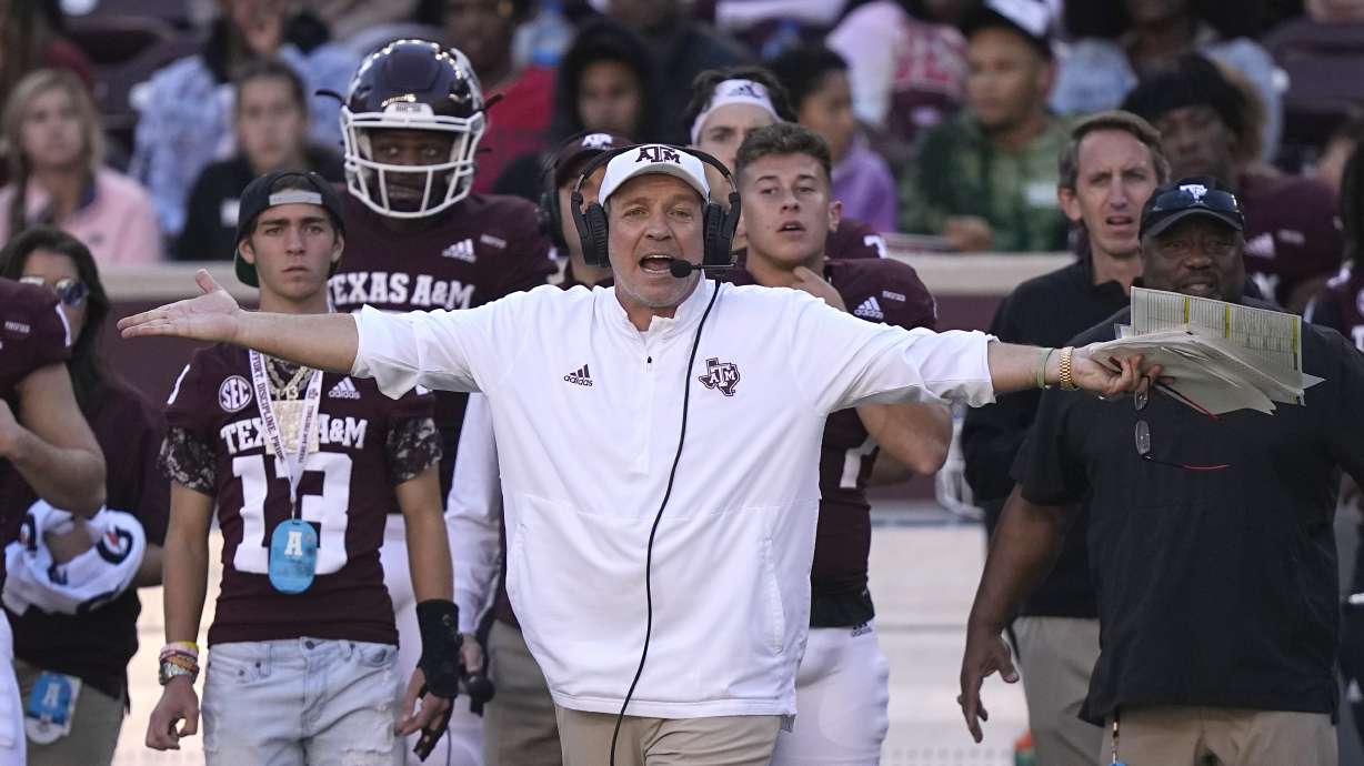 Texas A&M coach Jimbo Fisher yells to the officials during the first half of an NCAA college football game against Auburn Saturday, Nov. 6, 2021, in College Station, Texas.