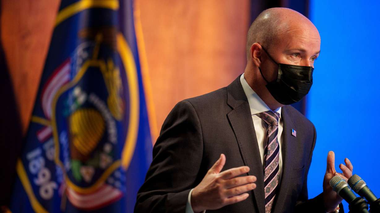 Gov. Spencer Cox speaks during his monthly news conference at PBS Utah at the Eccles Broadcast Center in Salt Lake City on Thursday.