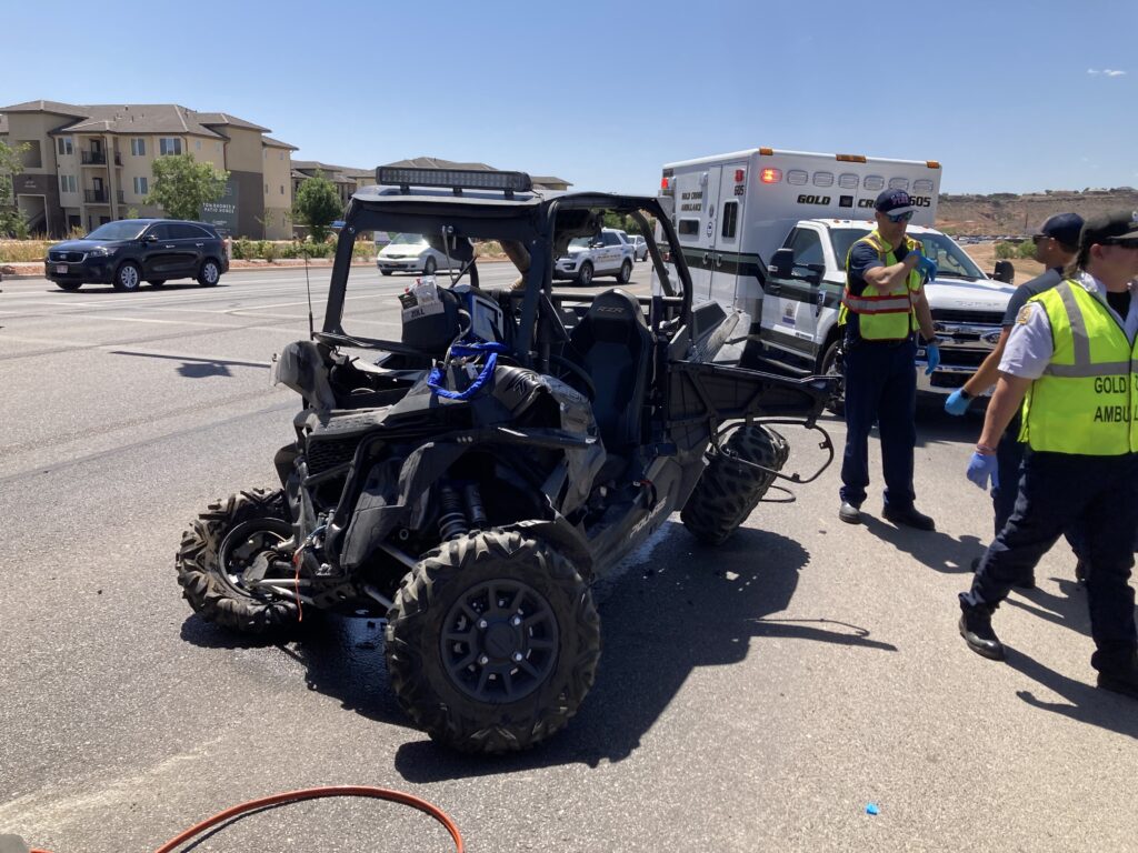 The crumpled wreck of a 2017 Polaris side-by-side involved in a Wednesday afternoon crash is pictured on Mall Drive in St. George.