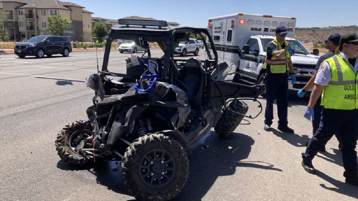 The crumpled wreck of a 2017 Polaris side-by-side involved in a Wednesday afternoon crash is pictured on Mall Drive in St. George.
