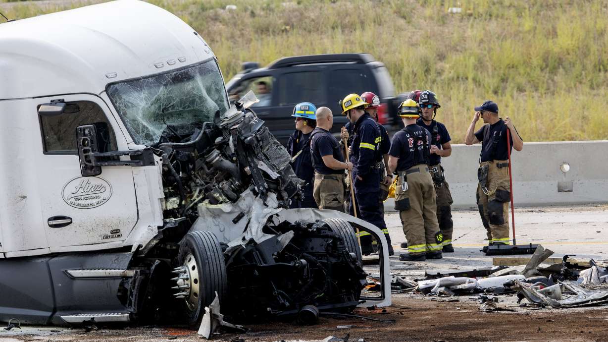 Emergency crews respond to a fatal semitruck accident in West Valley City on Aug. 30, 2021. Traffic deaths nationwide reached a 16-year high last year, with nearly 43,000 Americans having lost their lives on roads, according to early estimates from the National Highway Traffic Safety Administration.