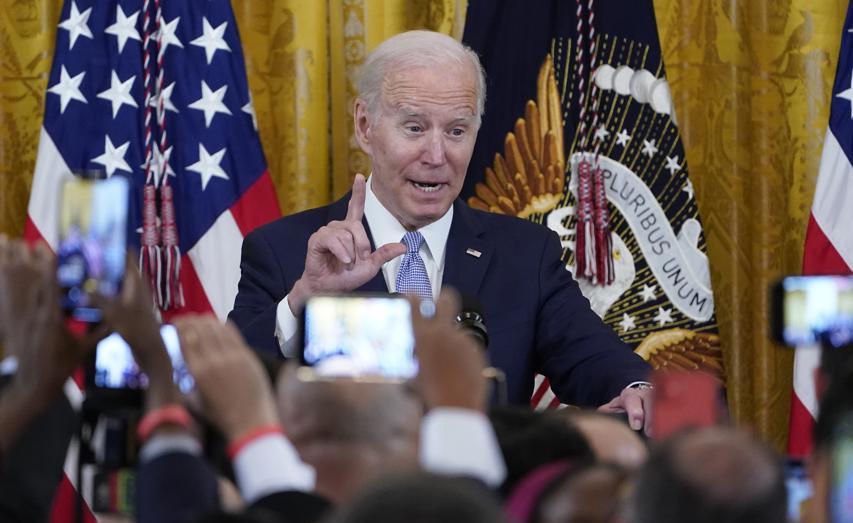 President Joe Biden speaks during a reception to celebrate Eid al-Fitr in the East Room of the White House in Washington, May 2. Biden's approval rating dipped to the lowest point of his presidency in May, a new poll shows, with deepening pessimism emerging among members of his own Democratic Party.