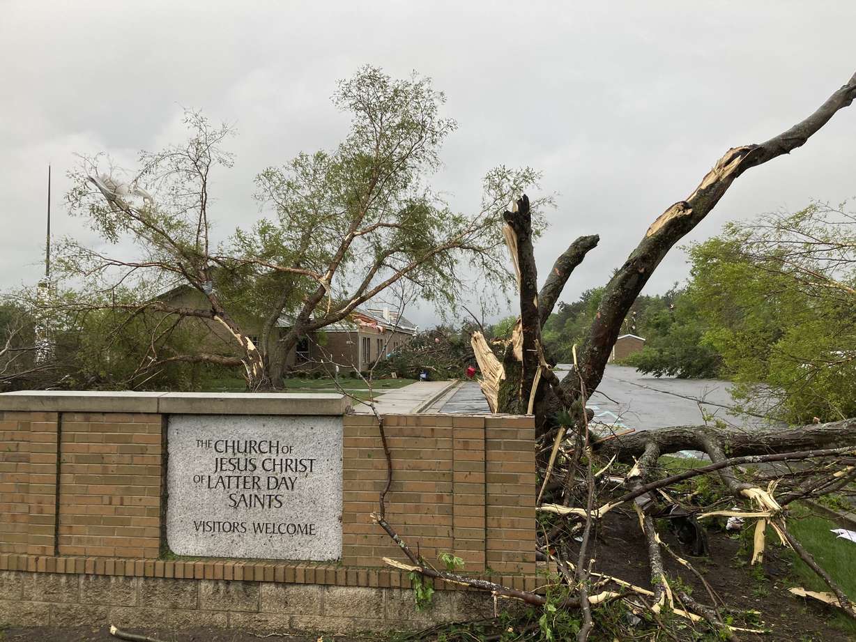 Tornado damage is seen at a church in Gaylord, Mich., Friday.