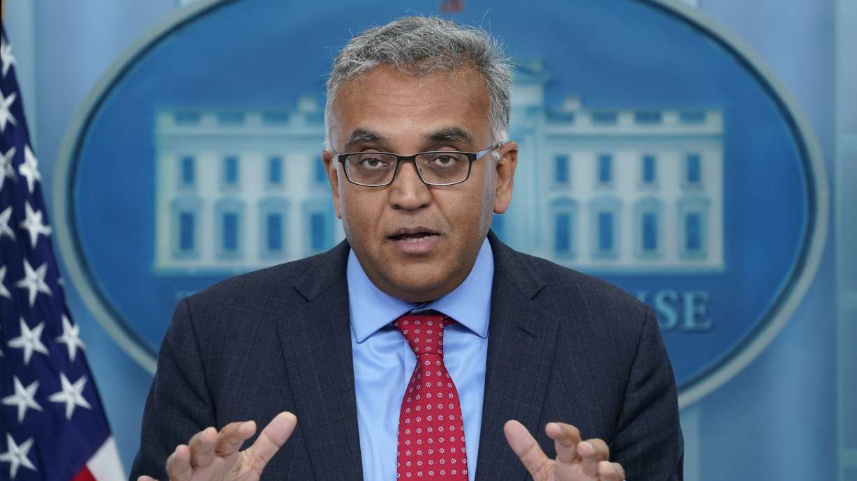 White House COVID-19 Response Coordinator Dr. Ashish Jha speaks during the daily briefing at the White House in Washington, April 26. The White House is planning for “dire” contingencies that could include rationing supplies of vaccines and treatments this fall if Congress doesn’t approve more money for fighting COVID-19.