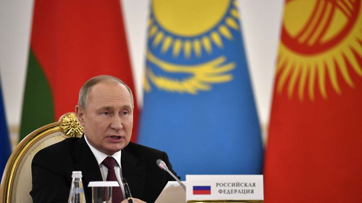 Russian President Vladimir Putin addresses a meeting of the leaders of the Collective Security Treaty Organization at the Kremlin in Moscow, Russia, May 16. Finnish state-owned energy company Gasum is saying that natural gas imports from Russia under its supply contract will be halted on Saturday, May 21 after the Finns had refused to pay in Russian rubles, a demand made by President Vladimir Putin after sanctions were levied against his nation over the invasion of Ukraine.