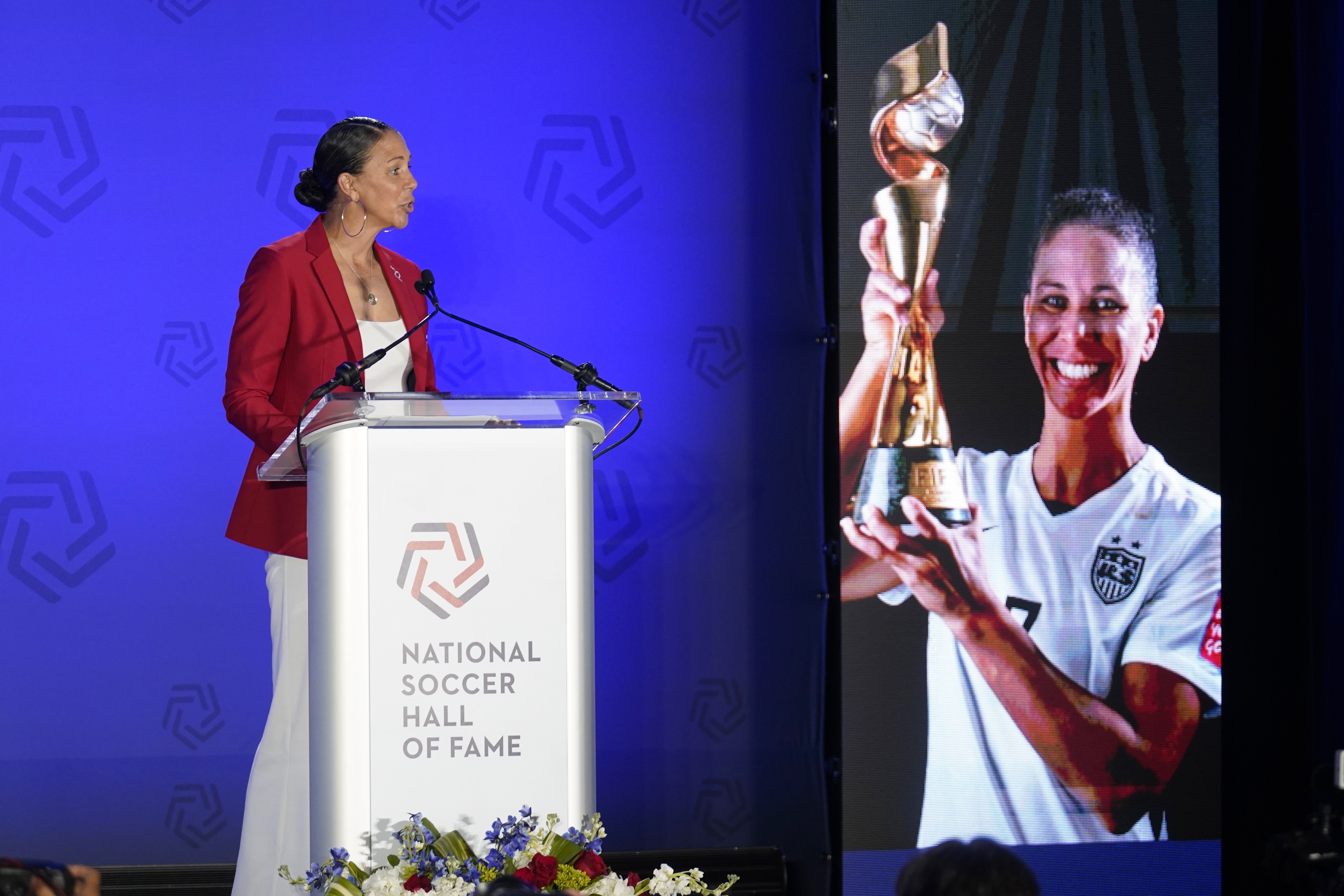 Newly inducted player Shannon Boxx speeaks during an induction ceremony for the National Soccer Hall of Fame, Saturday, May 21, 2022, in Frisco, Texas. 