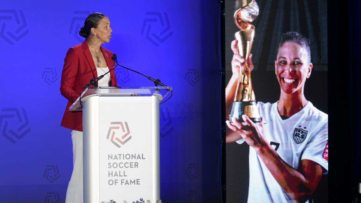 Newly inducted player Shannon Boxx speeaks during an induction ceremony for the National Soccer Hall of Fame, Saturday, May 21, 2022, in Frisco, Texas.