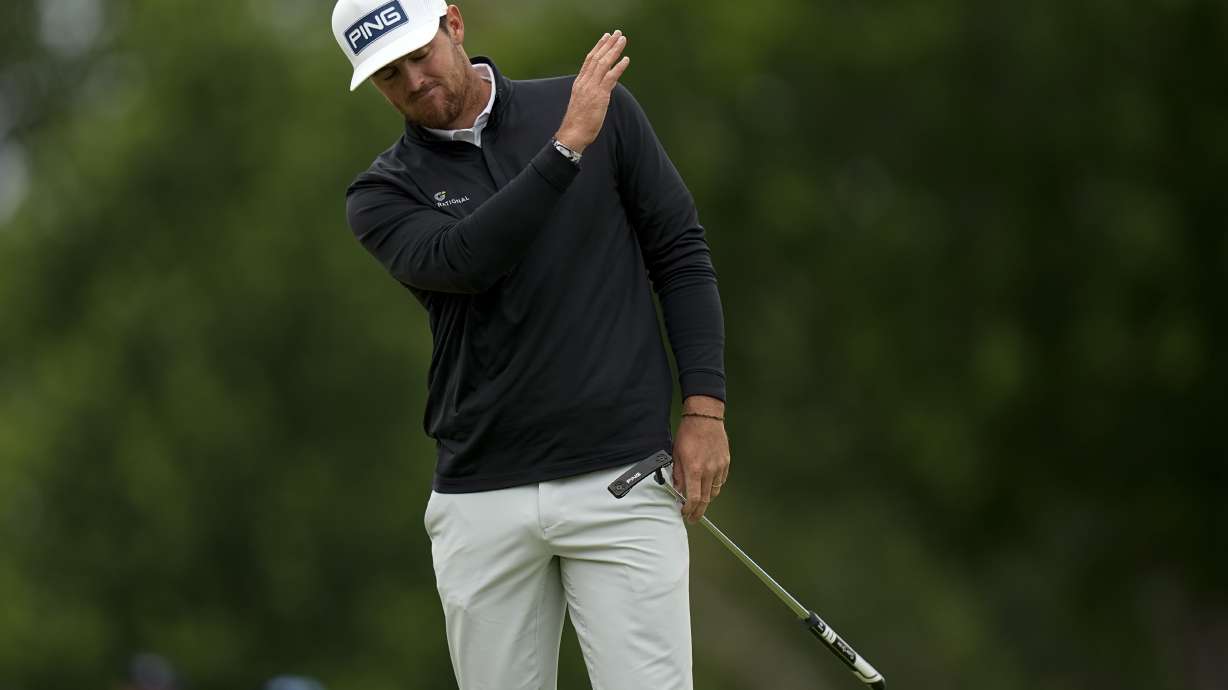 Mito Pereira, of Chile, reacts after missing a putt on the eighth hole during the third round of the PGA Championship golf tournament at Southern Hills Country Club, Saturday, May 21, 2022, in Tulsa, Okla.