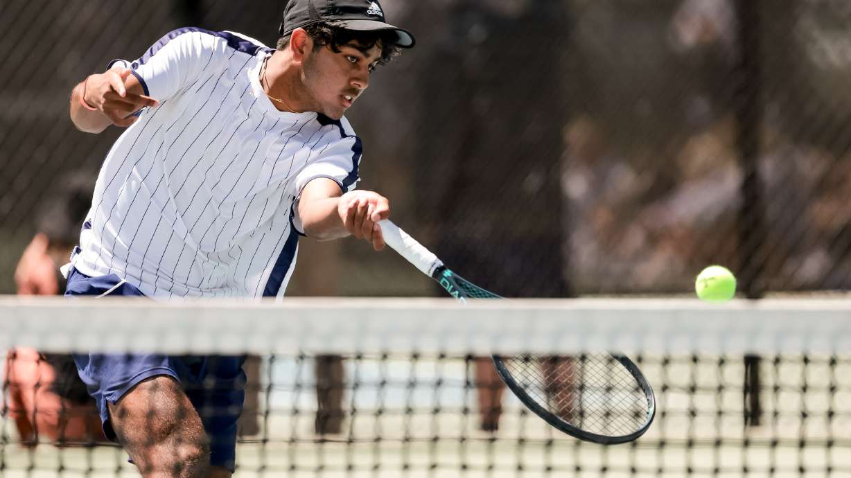 Lalith Suresh of Waterford plays against Jaiden Handlon of Rowland Hall in the 3A 1st singles boys tennis championship at Liberty Park in Salt Lake City on Saturday, May 21, 2022.