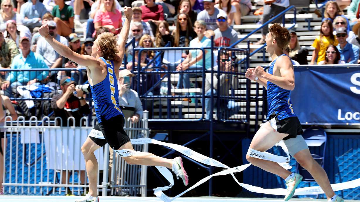 Orem’s Jackson Egbert, celebrates his win in the 300 meter hurdles in the High school state championships at BYU in Provo on Saturday, May 21, 2022.