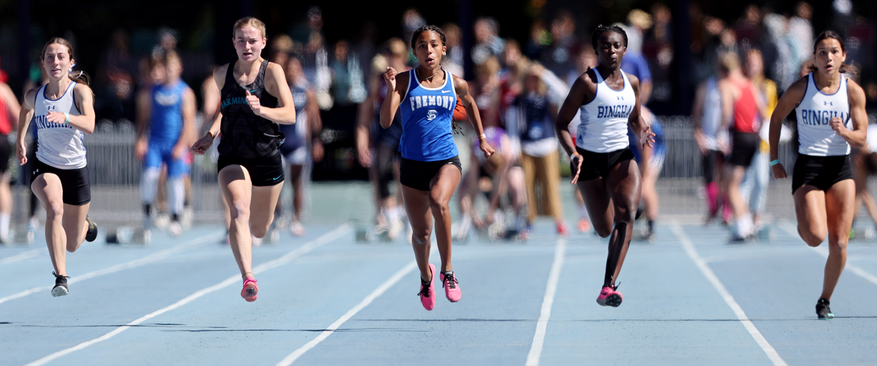 Fremont's Amare Harlan  competes in the 100-meter dash at the 6A compete in the high school state championships at BYU in Provo on Saturday, May 21, 2022.