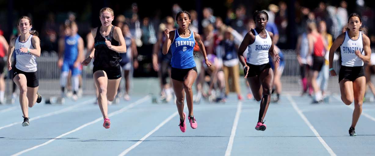 Fremont's Amare Harlan competes in the 100-meter dash at the 6A compete in the high school state championships at BYU in Provo on Saturday, May 21, 2022.