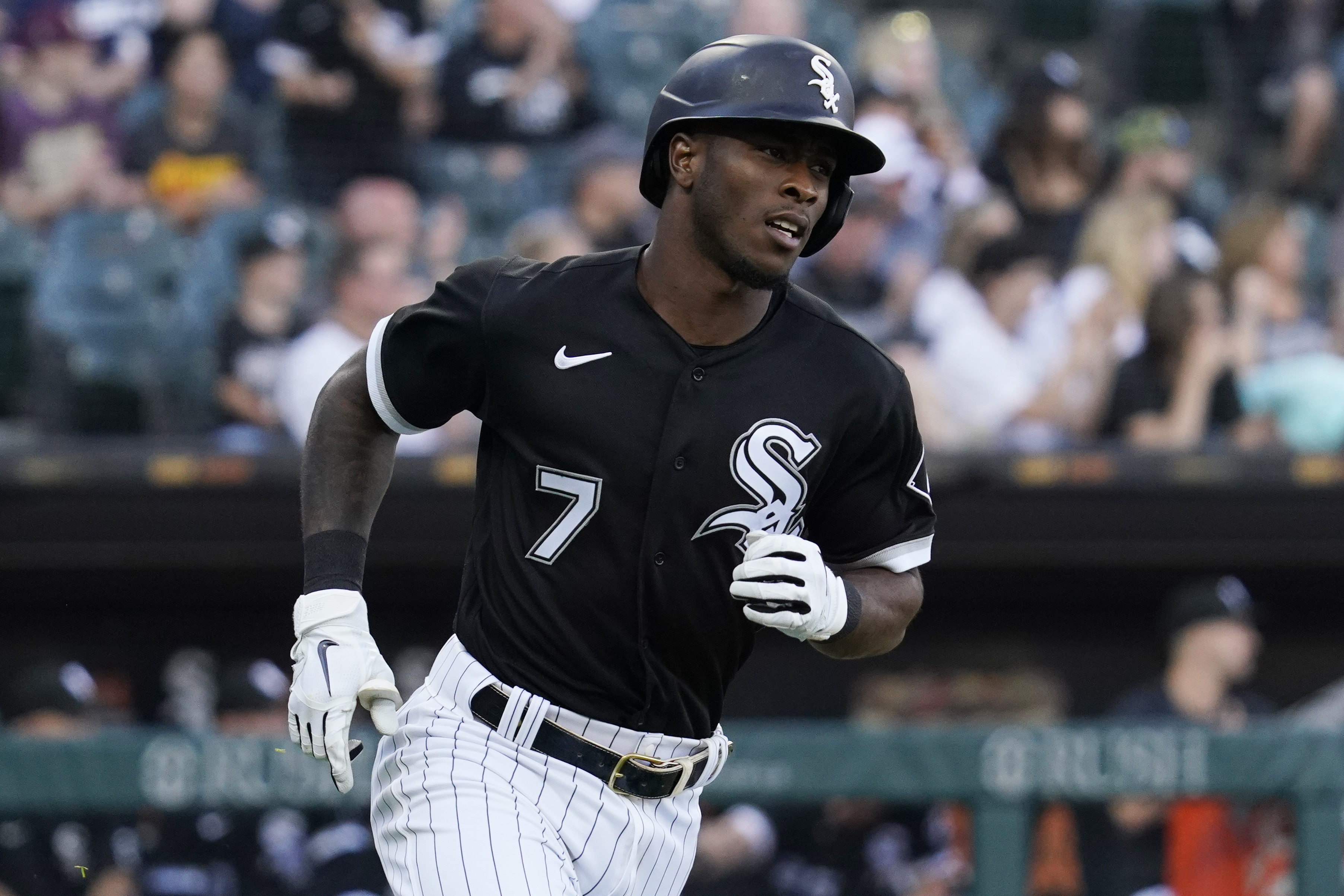 Chicago White Sox's Tim Anderson runs to first base after hitting a single during the first inning of a baseball game against the New York Yankees in Chicago, Saturday, May 14, 2022. 