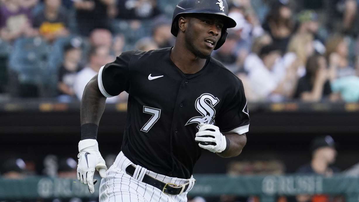 Chicago White Sox's Tim Anderson runs to first base after hitting a single during the first inning of a baseball game against the New York Yankees in Chicago, Saturday, May 14, 2022.