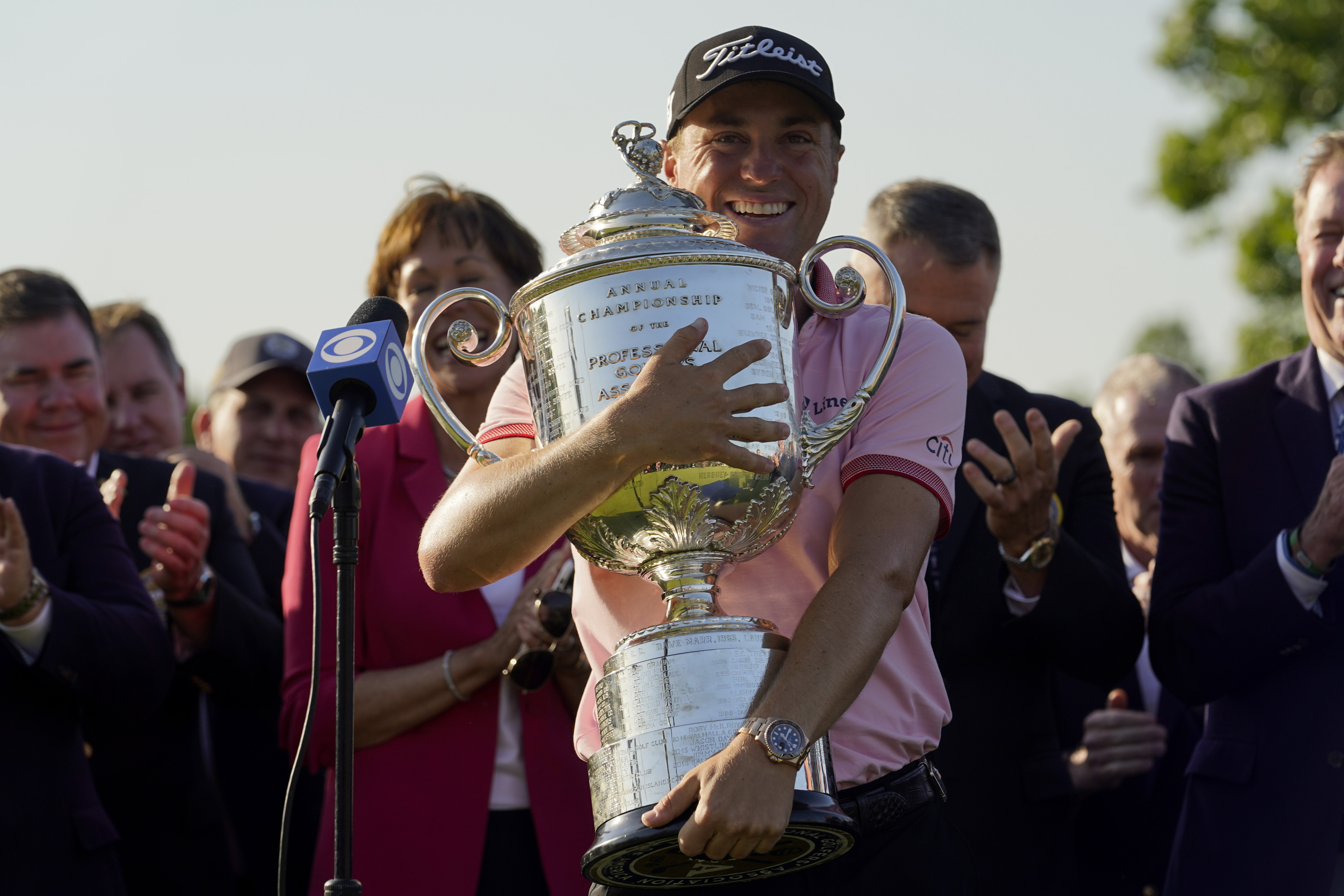Justin Thomas holds the Wanamaker Trophy after winning the PGA Championship golf tournament in s playoff against Will Zalatoris at Southern Hills Country Club, Sunday, May 22, 2022, in Tulsa, Okla. 