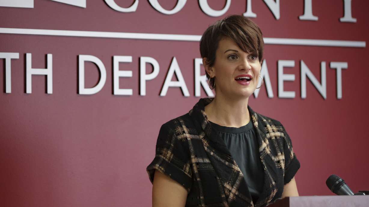 Dr. Angela Dunn, executive director at the Salt Lake County Health Department, speaks to members of media about monkeypox at the Salt Lake County Government Center in Salt Lake City on Monday.