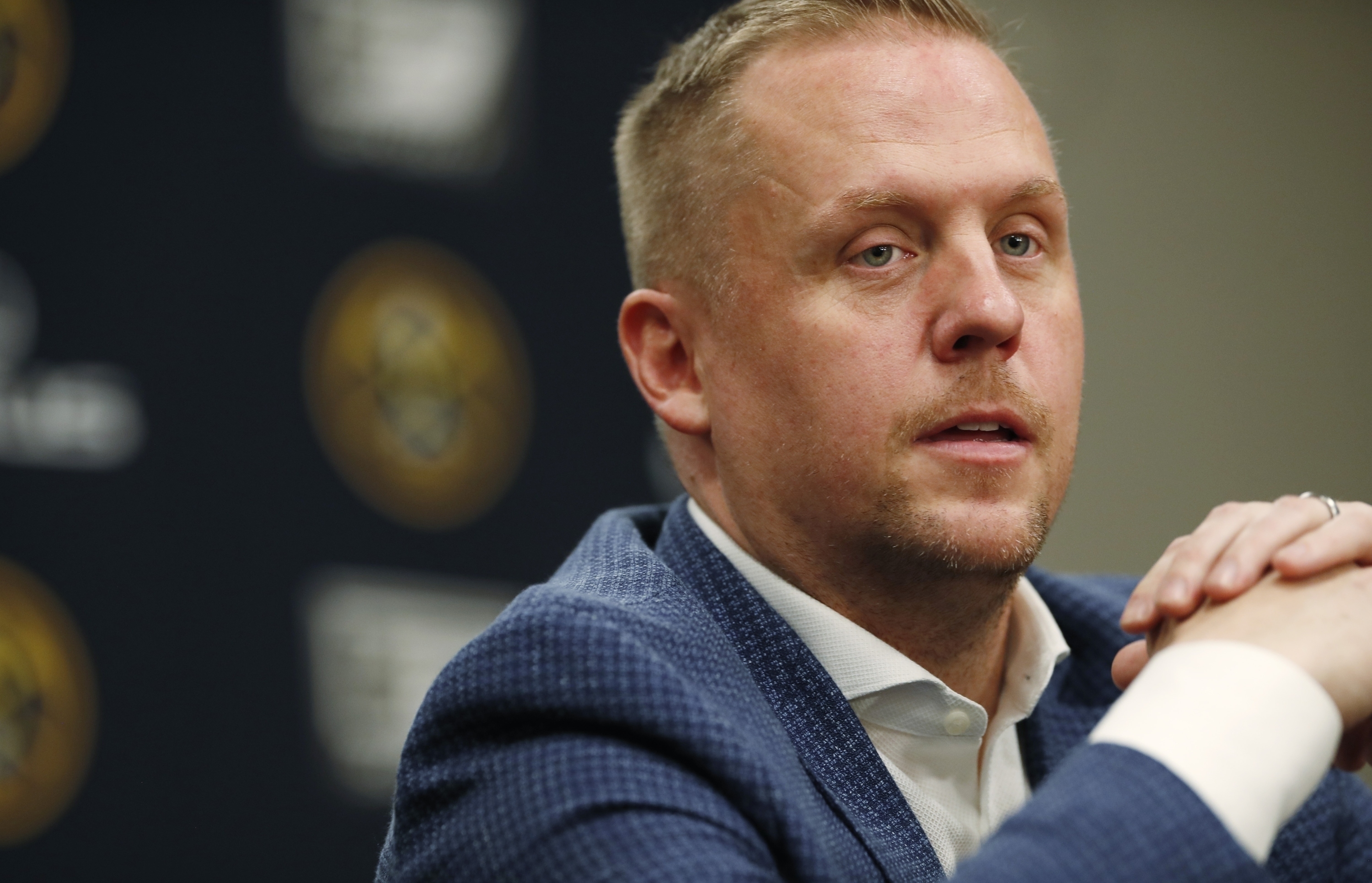 FILE - Denver Nuggets president of basketball operations Tim Connelly considers a question during a news conference on May 21, 2019, in Denver. A person familiar with the situation tells The Associated Press on Thursday, May 19, 2022, that Connelly is in discussions with the Minnesota Timberwolves about their vacant president of basketball operations role. 