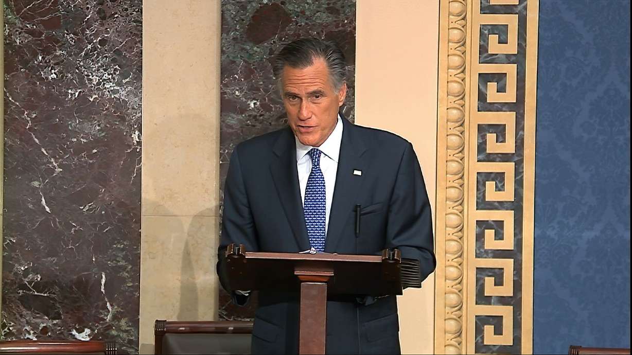 In this image from video, Sen. Mitt Romney, R-Utah, speaks on the Senate floor about the impeachment trial against then-President Donald Trump at the U.S. Capitol in Washington, Feb. 5, 2020. Fifty-one percent of Utah voters say Romney best represents their political and policy preferences, while 37% chose Trump. Another 12% picked neither.