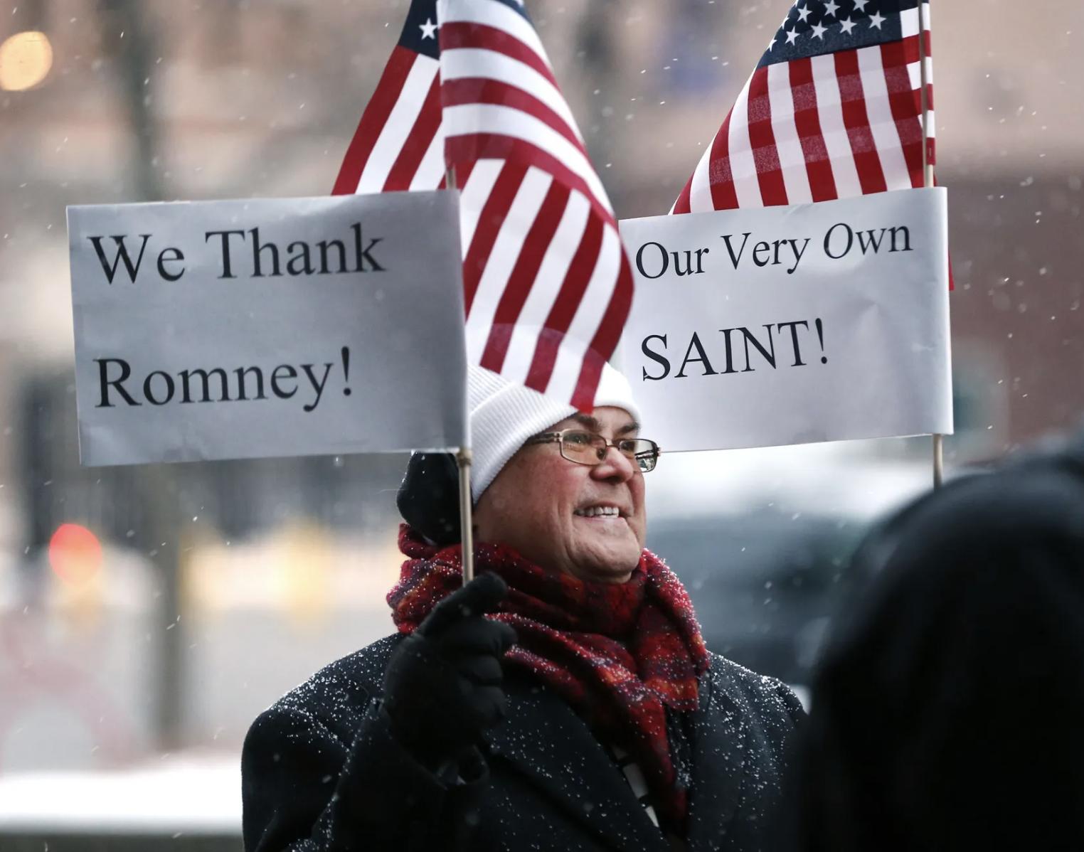 Jay McLeod holds a sign thanking Sen. Mitt Romney for his vote to convict then-President Donald Trump on one of the articles of impeachment during a rally outside of the Wallace F. Bennett Federal Building in Salt Lake City on Feb. 5, 2020. Romney’s Utah office is located in the building.