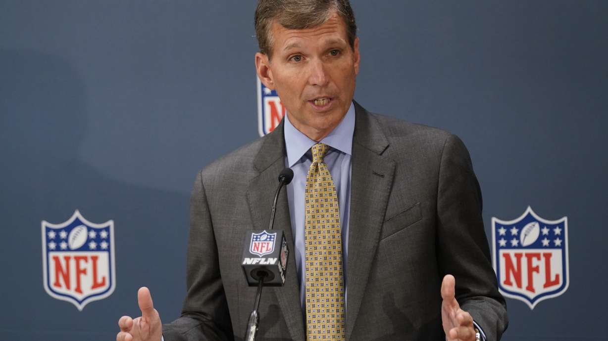 FILE - Dr. Allen Sills, Chief Medical Officer for the NFL, speaks to reporters during the NFL football owners meeting in New York, Tuesday, Oct. 26, 2021. Students from four Historically Black College and University medical schools will be selected for clinical rotations with NFL team medical staffs this year. βOn the whole, a day would consist of a mixture of time with the athletic training staff, observing treatments and assessments and rehabilitation care,β said Sills.