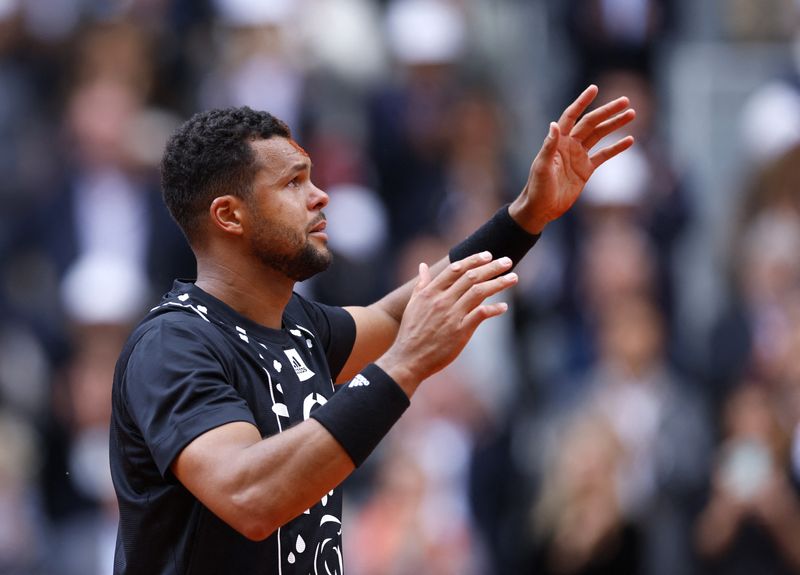Tennis - French Open - Roland Garros, Paris, France - May 24, 2022 France's Jo-Wilfried Tsonga reacts after playing his final match before retiring, after losing his first round match against Norway's Casper Ruud