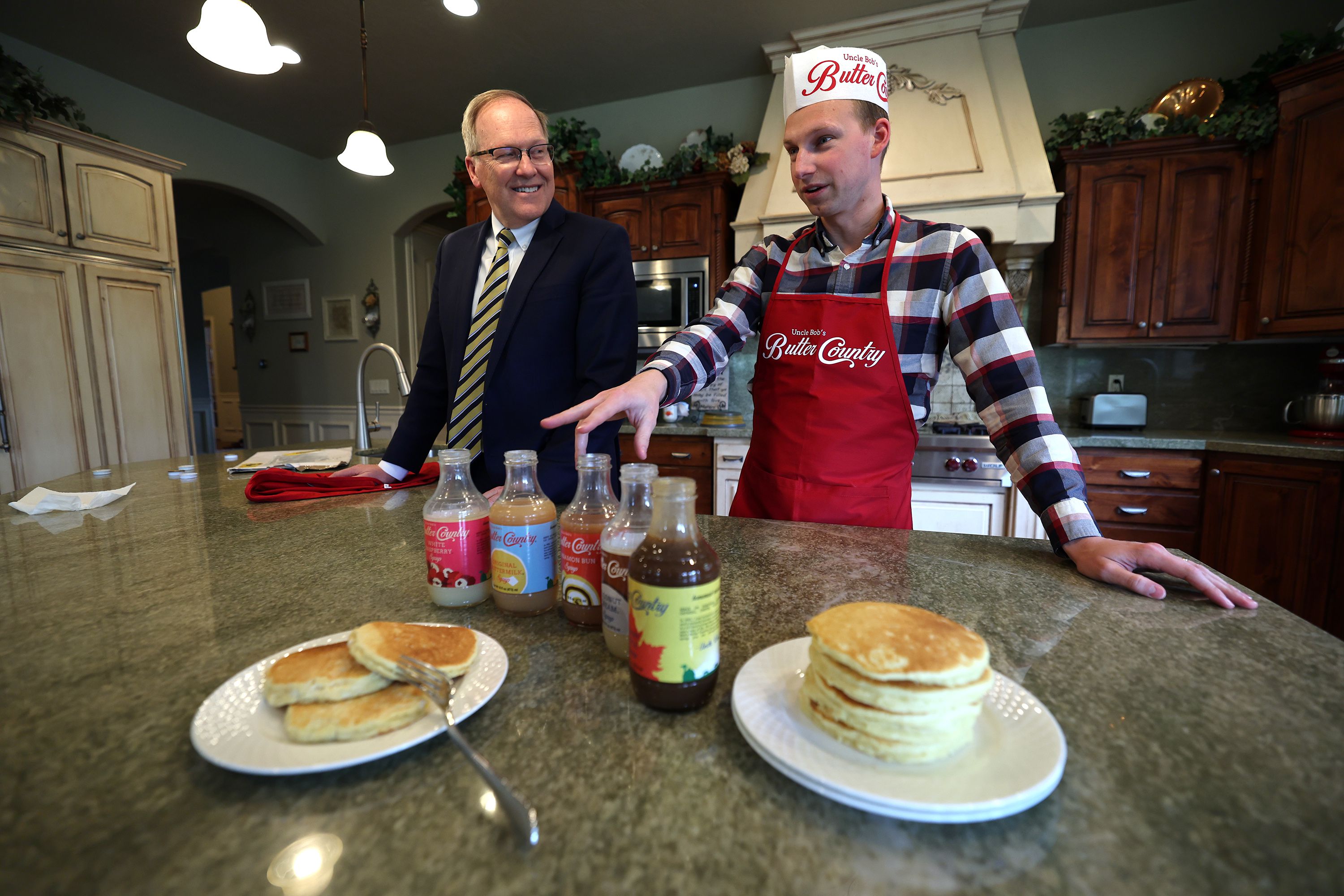 Bob and Jared Smith, a father-and-son team who, with the help of others in the family, created Uncle Bob’s Butter Country Syrup, talk about their experience at their home in Cottonwood Heights on May 9.