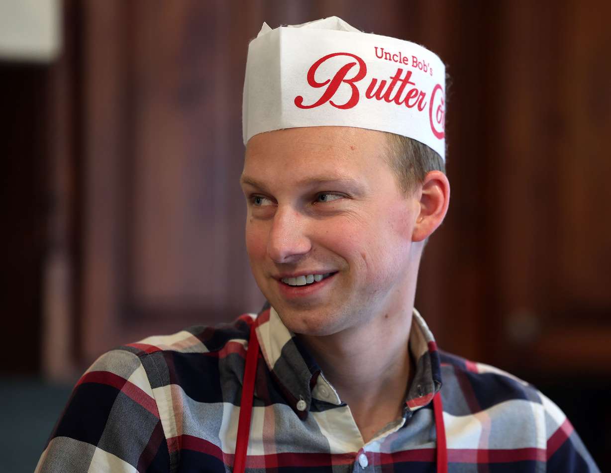 Jared Smith talks about the rise of Uncle Bob’s Butter Country Syrup, a company that he and his father, Bob Smith, created, in Cottonwood Heights on May 9.