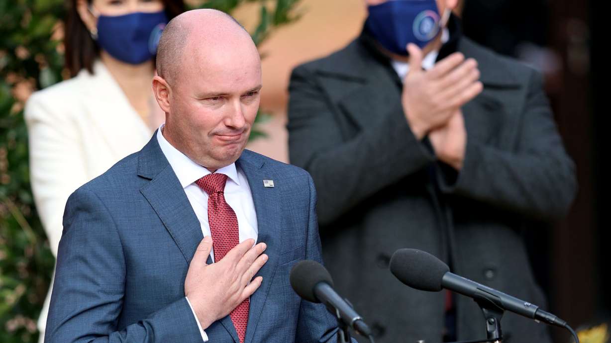 Gov. Spencer Cox acknowledges the crowd after taking the oath of office during an inaugural event at the Tuacahn Center for the Arts in Ivins, Washington County, near St. George on Jan. 4, 2021. A vast majority — 90% — of Utahns say political debates have become less civil in the U.S. over the past six years, in wake of the 2016 presidential election when Donald Trump won the presidency over Hillary Clinton.