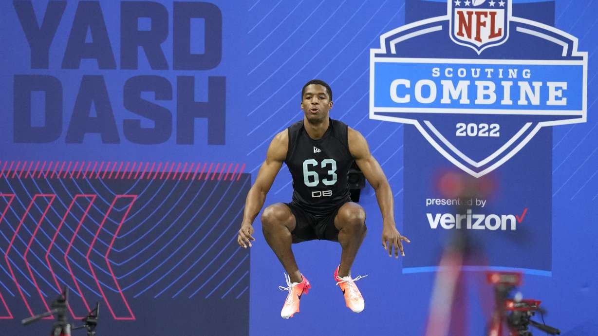 FILE - Baylor defensive back JT Woods prepares to run the 40-yard dash at the NFL football scouting combine, Sunday, March 6, 2022, in Indianapolis. Indianapolis will be keeping the NFL scouting combine for the next two years. At the owners meetings in Atlanta on Tuesday, May 24, 2022, the city that has staged the winter event since 1987 for players entering the draft was granted hosting rights for 2023 and 2024. This was the first time the NFL put the combine up for bidding, with Dallas and Los Angeles also seeking to hold the combine.