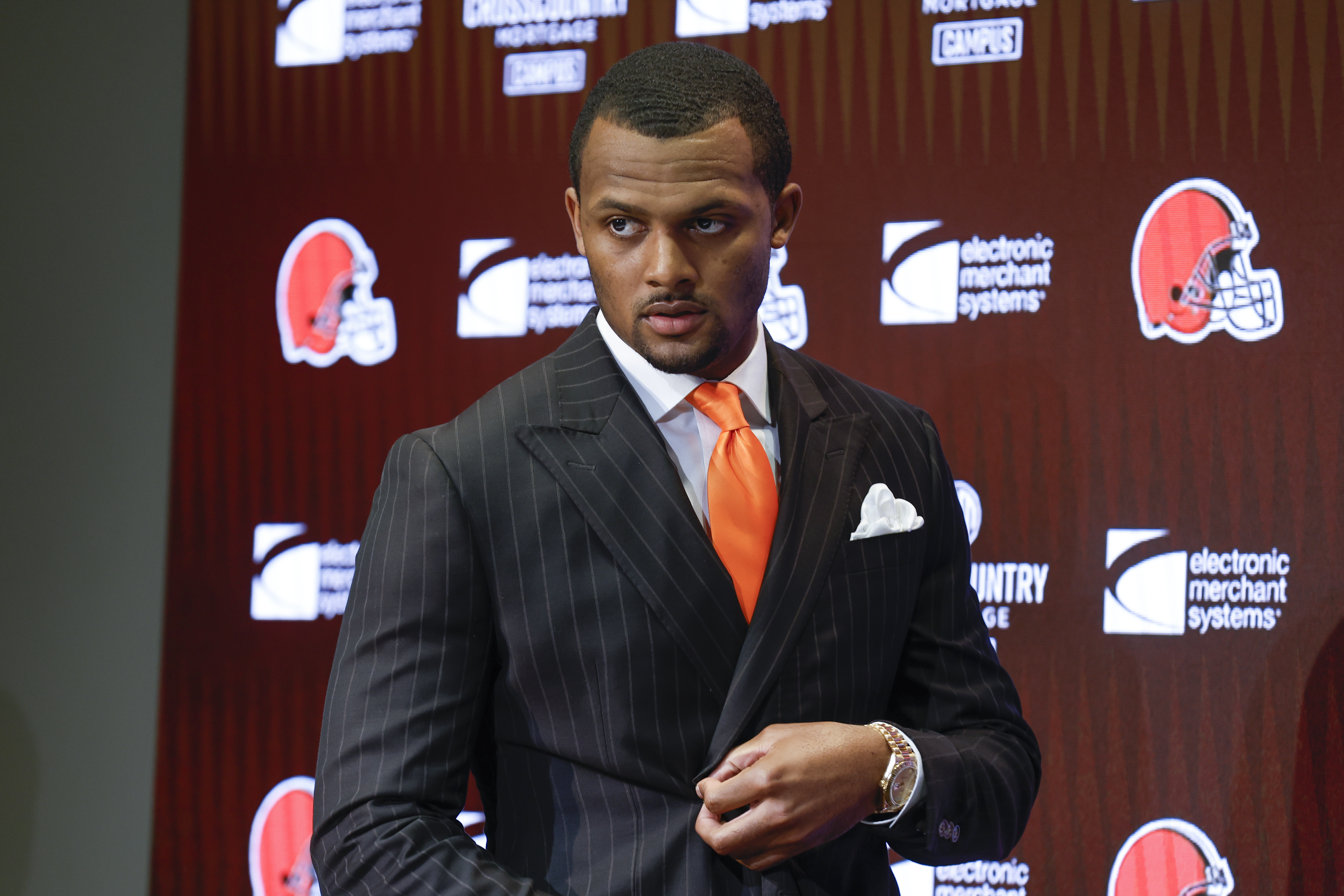 FILE - Cleveland Browns new quarterback Deshaun Watson enters a news conference at the NFL football team's training facility, on March 25, 2022, in Berea, Ohio. Two of the women accusing quarterback Deshaun Watson of sexual misconduct during massage therapy sessions feel offended by the $230 million contract he received from the Cleveland Browns. 
