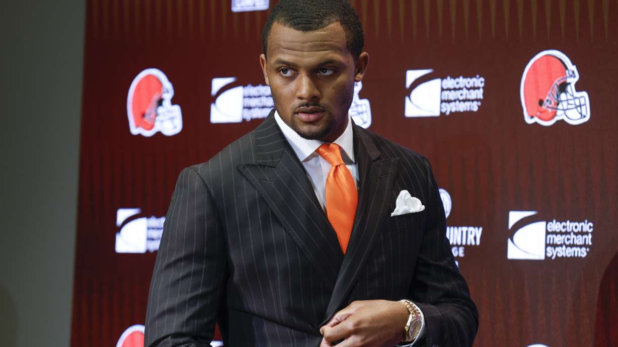FILE - Cleveland Browns new quarterback Deshaun Watson enters a news conference at the NFL football team's training facility, on March 25, 2022, in Berea, Ohio. Two of the women accusing quarterback Deshaun Watson of sexual misconduct during massage therapy sessions feel offended by the $230 million contract he received from the Cleveland Browns.