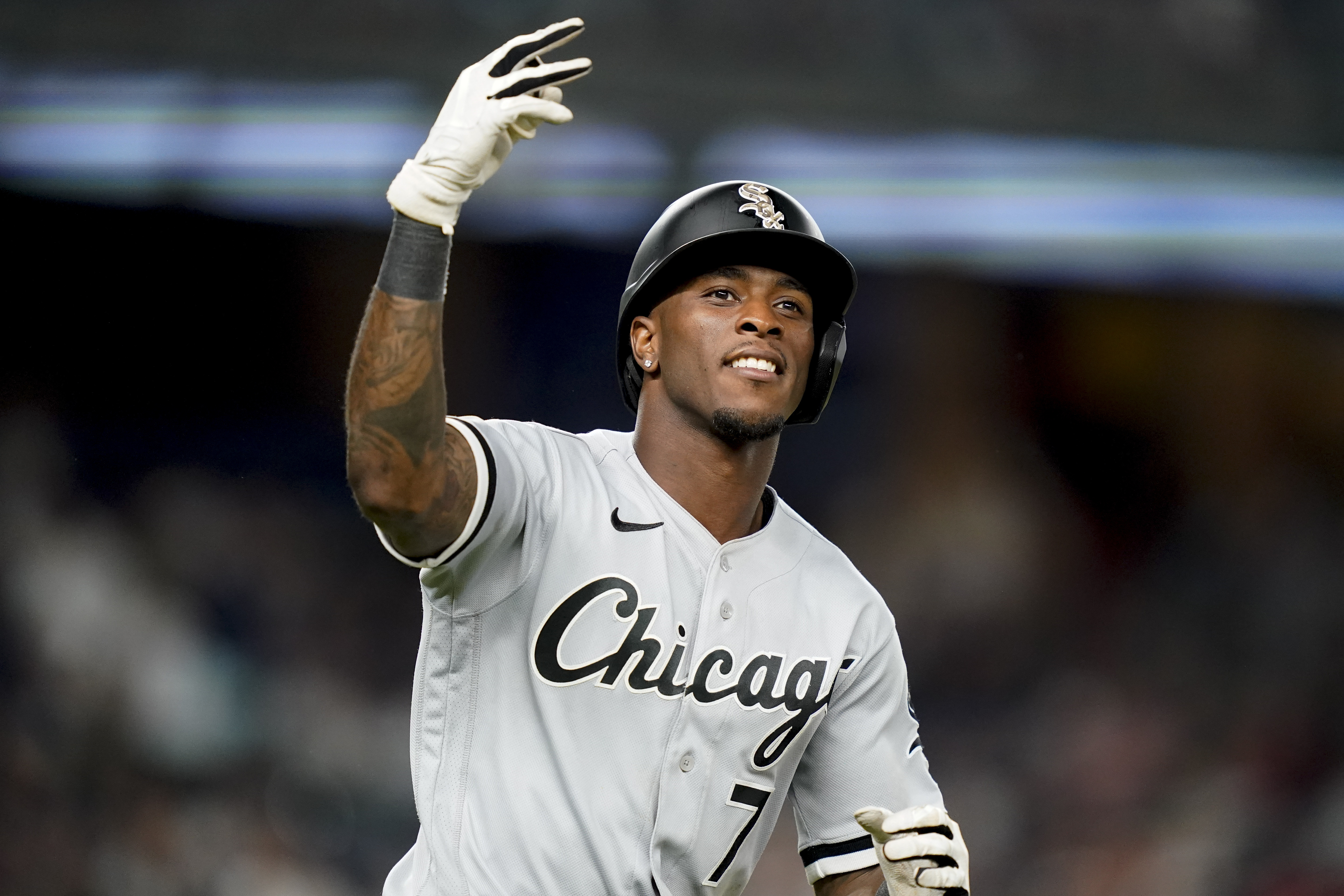 Chicago White Sox' Tim Anderson reacts towards the crowd while running the bases after hitting a three-run home run off New York Yankees relief pitcher Miguel Castro in the eighth inning of the second baseball game of a doubleheader, Sunday, May 22, 2022, in New York. 