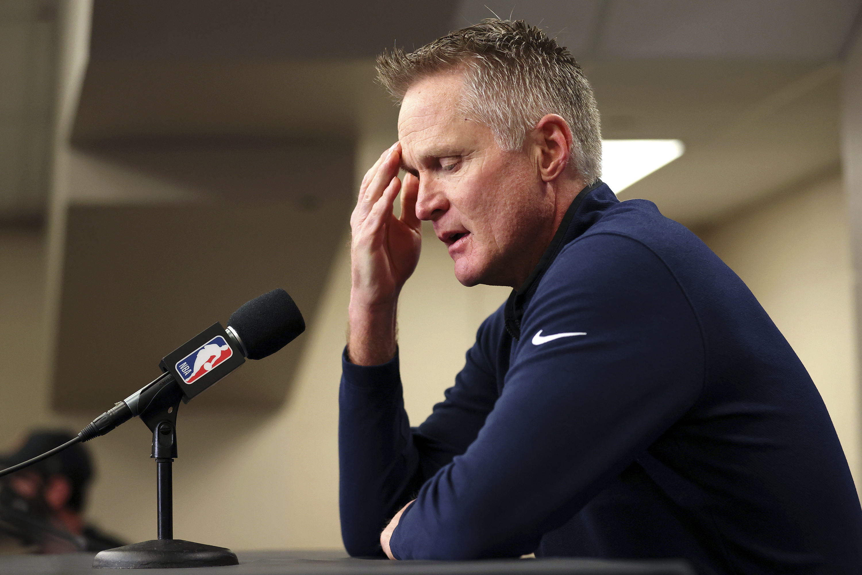 Reacting to the Uvalde, Texas, school shooting earlier in the day, Golden State Warriors coach Steve Kerr makes a statement before Warriors played the Dallas Mavericks in Game 4 of the NBA basketball playoffs Western Conference finals Tuesday, May 24, 2022, in Dallas. 
