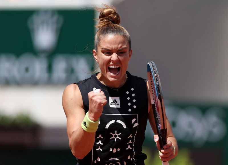 Tennis - French Open - Roland Garros, Paris, France - May 25, 2022 Greece's Maria Sakkari reacts during her second round match against Czech Republic's Karolina Muchova