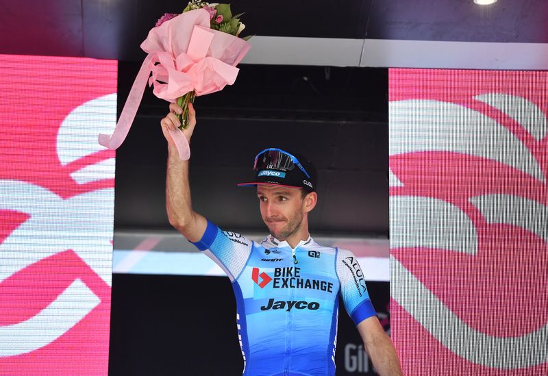 FILE PHOTO: Cycling - Giro d'Italia - Stage 14 - Santena to Torino, Italy - May 21, 2022 Team BikeExchange - Jayco's Simon Yates celebrates on the podium after winning stage 14