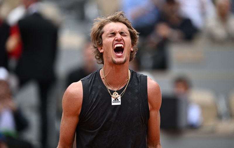 Tennis - French Open - Roland Garros, Paris, France - May 25, 2022 Germany's Alexander Zverev celebrates winning his second round match against Argentina's Sebastian Baez