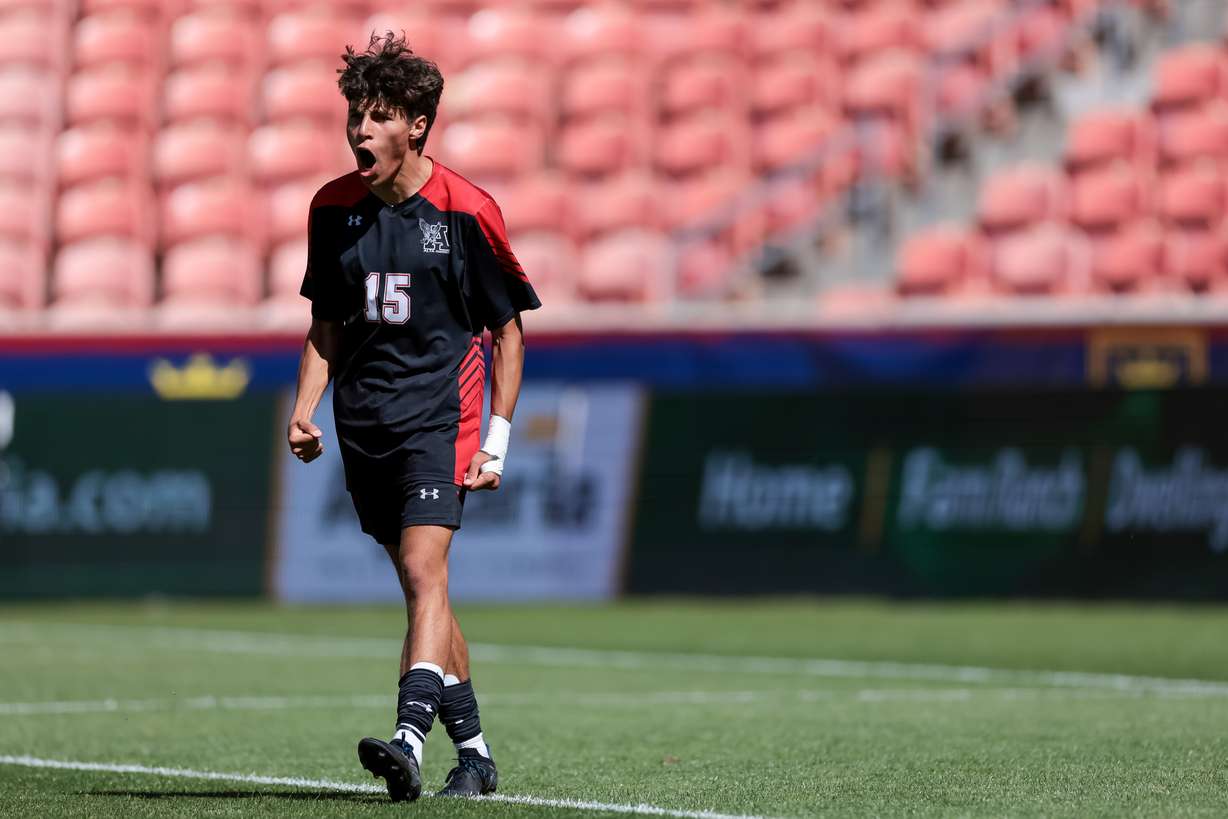 Alta's Faris Kurdi celebrates a penalty kick during a shootout against Lehi in the 5A boys soccer state championship at Rio Tinto Stadium in Sandy on Wednesday, May 25, 2022. Alta won the shootout, 3-1.