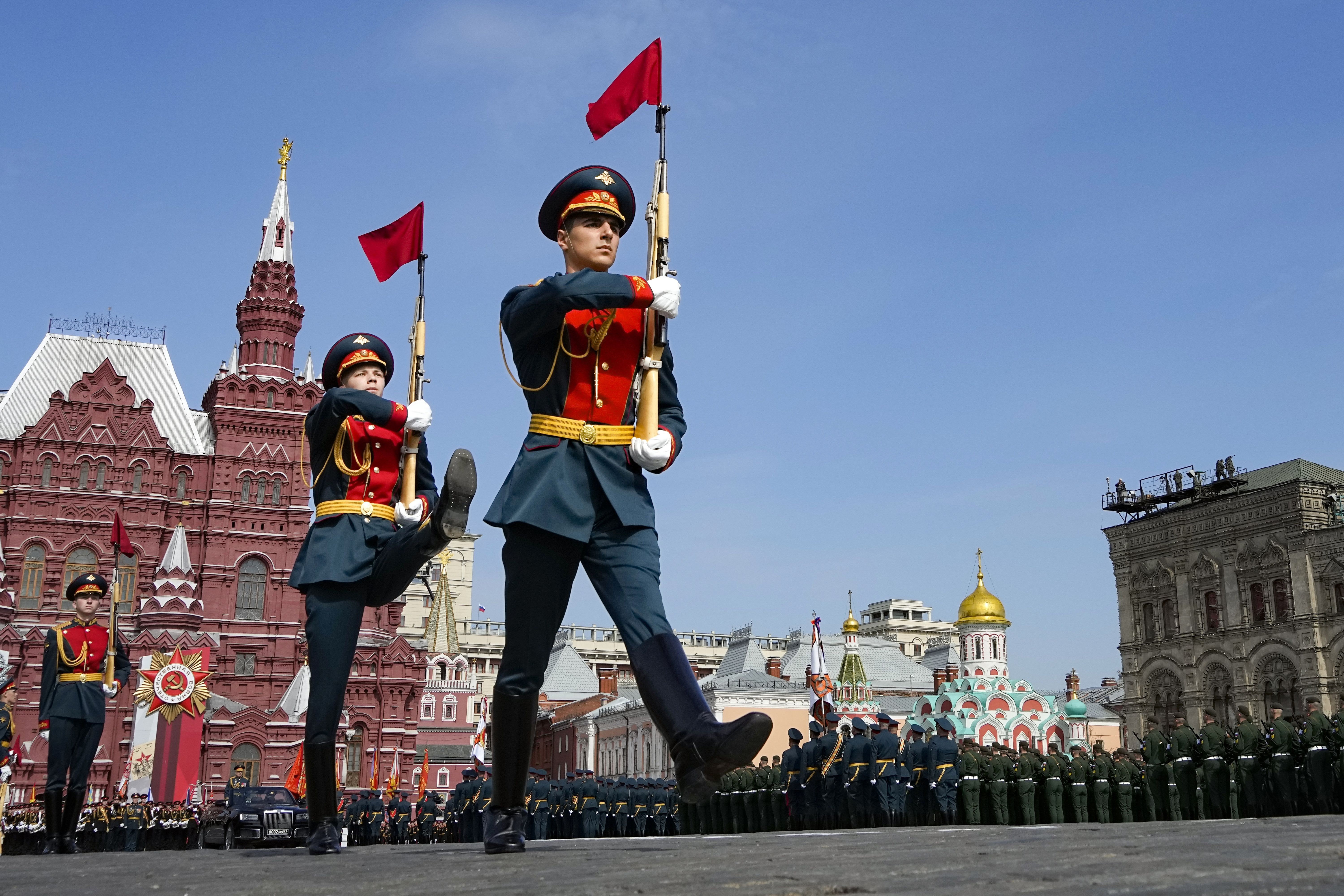 Russian military linemen march during a dress rehearsal for the Victory Day military parade in Moscow, Russia, on May 7. Nearly 1,000 Americans have been permanently banned from Russia in a symbolic move.