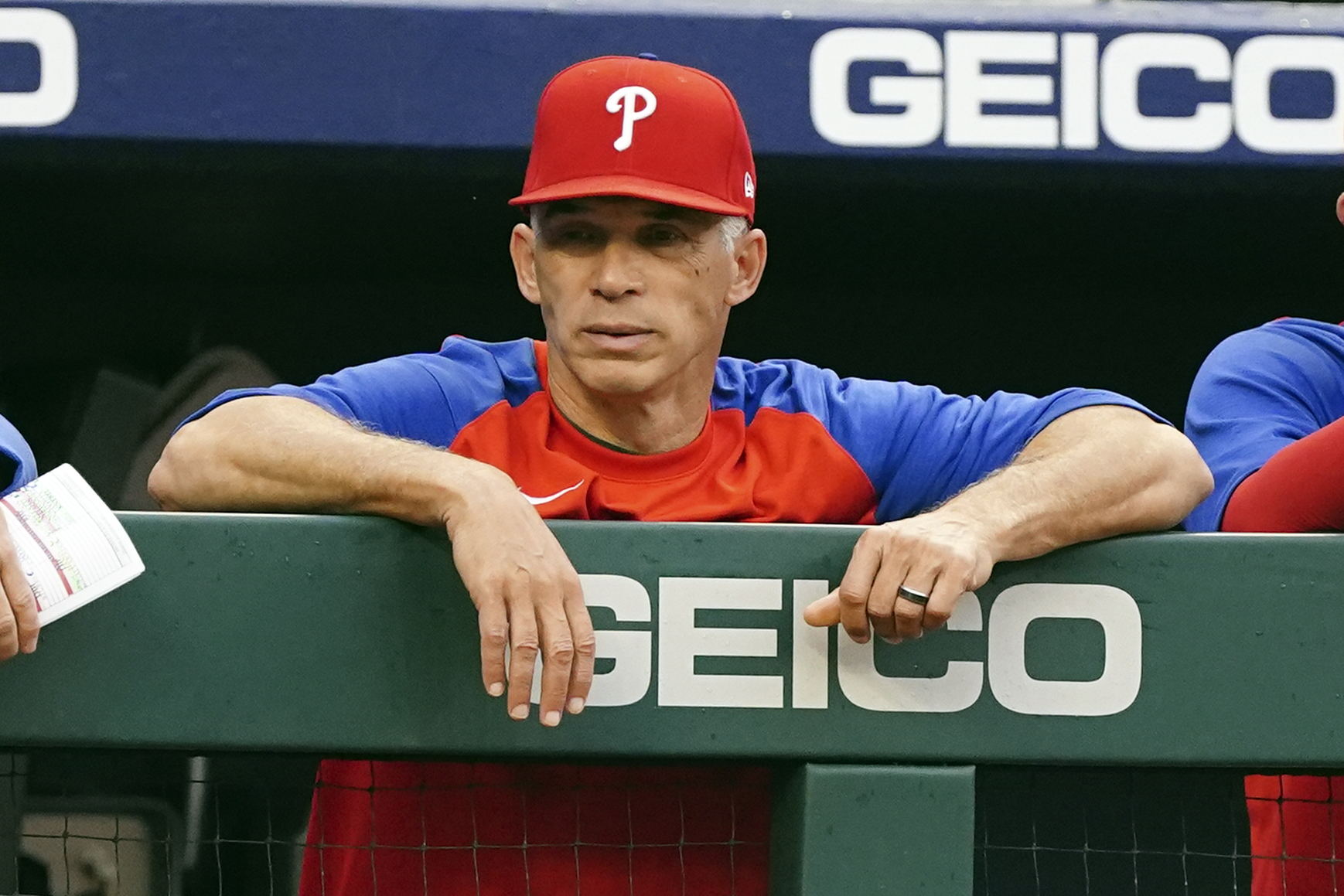 Philadelphia Phillies manager Joe Girardi watches from the dugout during the first inning of the team's baseball game against the Atlanta Braves on Wednesday, May 25, 2022, in Atlanta. 