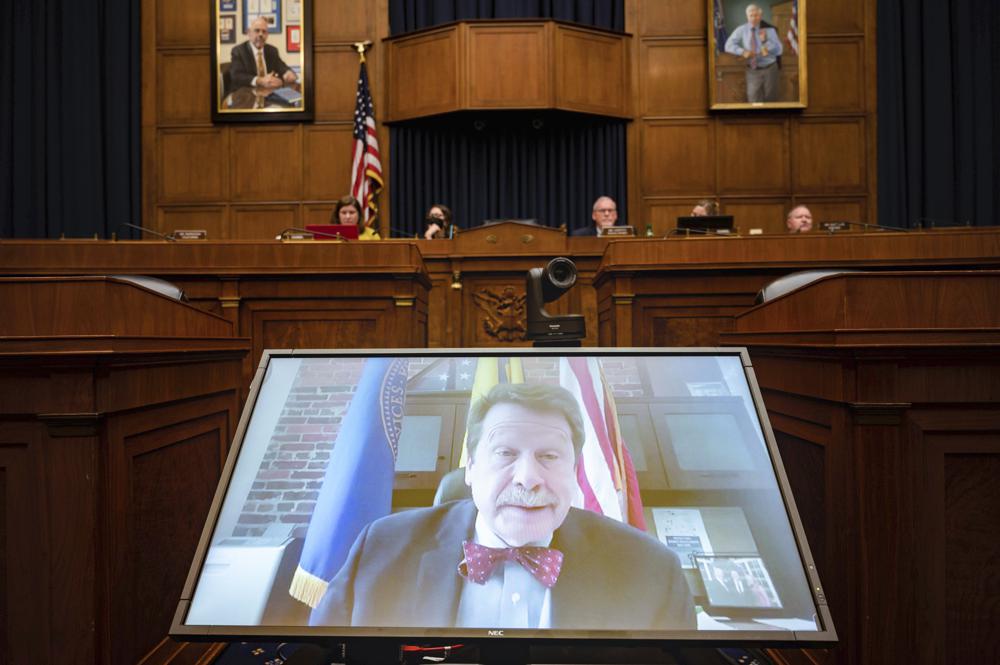 Food and Drug Administration Commissioner Robert Califf testifies via video during a House Commerce Oversight and Investigations subcommittee hybrid hearing on the nationwide baby formula shortage on Wednesday, in Washington. 
