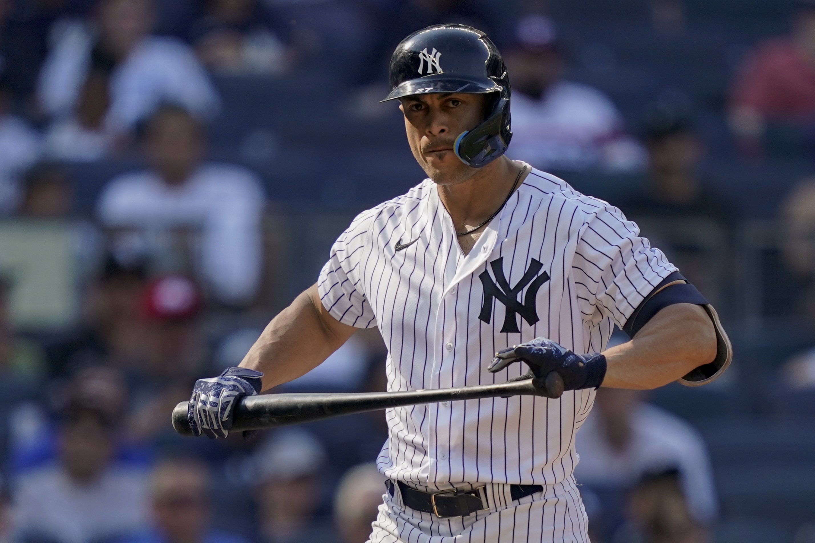 New York Yankees' Giancarlo Stanton reacts after striking out against Chicago White Sox starting pitcher Johnny Cueto (47) in the sixth inning of a baseball game, Sunday, May 22, 2022, in New York. 