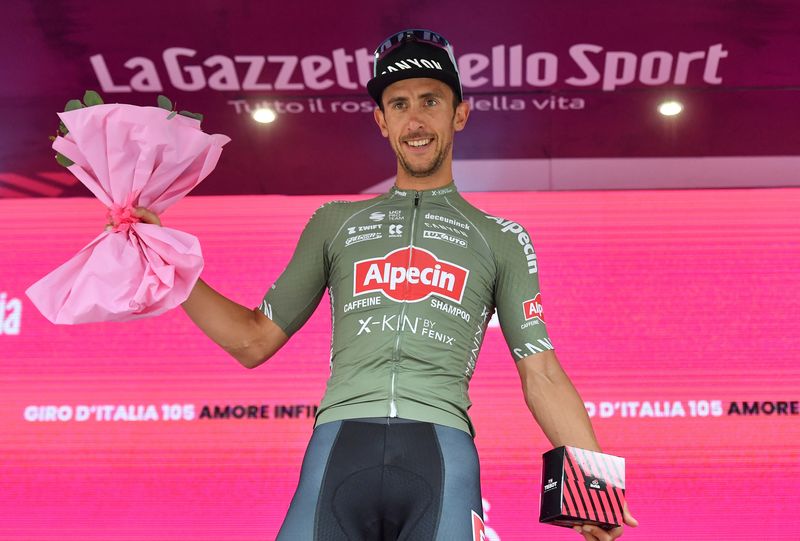 Cycling - Giro d'Italia - Stage 18 - Borgo Valsugana to Treviso, Italy - May 26, 2022 Alpecin-Fenix's Dries De Bondt celebrates on the podium after winning Stage 18