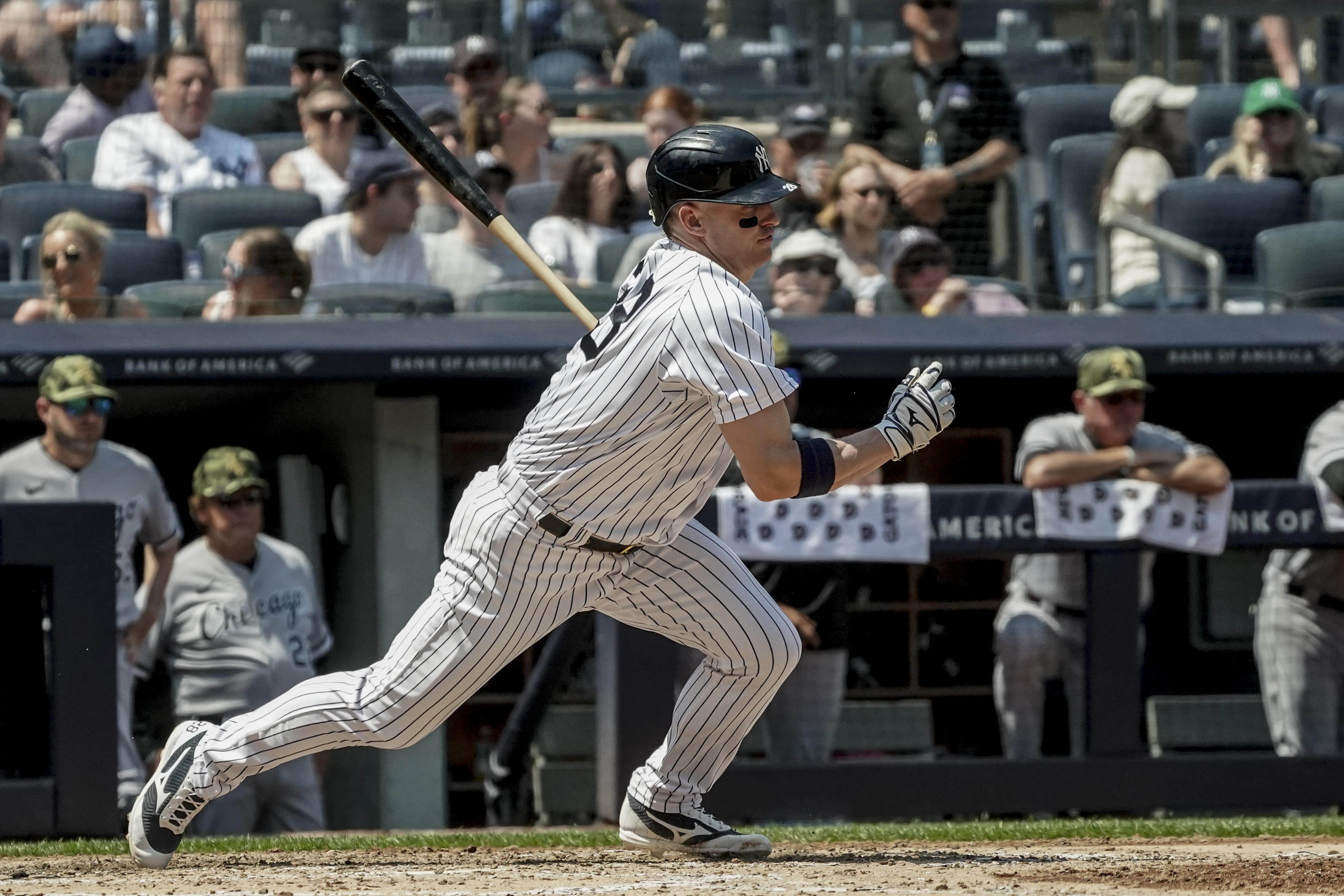 New York Yankees third baseman Josh Donaldson (28) makes a swinging strike on a pitch during the third inning of a baseball game against Chicago White Sox, Saturday May 21, 2022, in New York. 