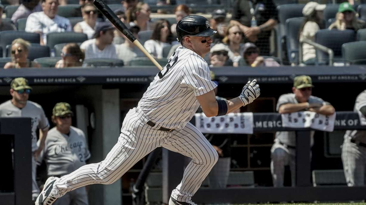 New York Yankees third baseman Josh Donaldson (28) makes a swinging strike on a pitch during the third inning of a baseball game against Chicago White Sox, Saturday May 21, 2022, in New York.