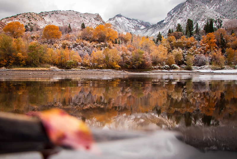 A view from the shore of Bell Canyon Reservoir after a fall snowstorm on Oct. 20, 2019.