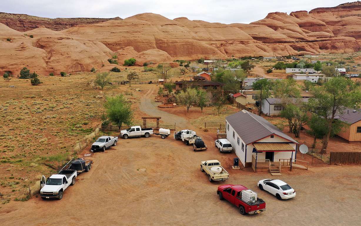 People wait in line for hours to fill their water tanks in Oljato-Monument Valley, San Juan County on April 30, 2020.