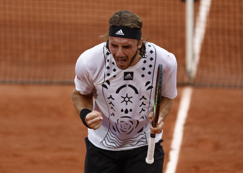 Tennis - French Open - Roland Garros, Paris, France - May 26, 2022 Greece's Stefanos Tsitsipas reacts during his second round match against Czech Republic's Zdenek Kolar