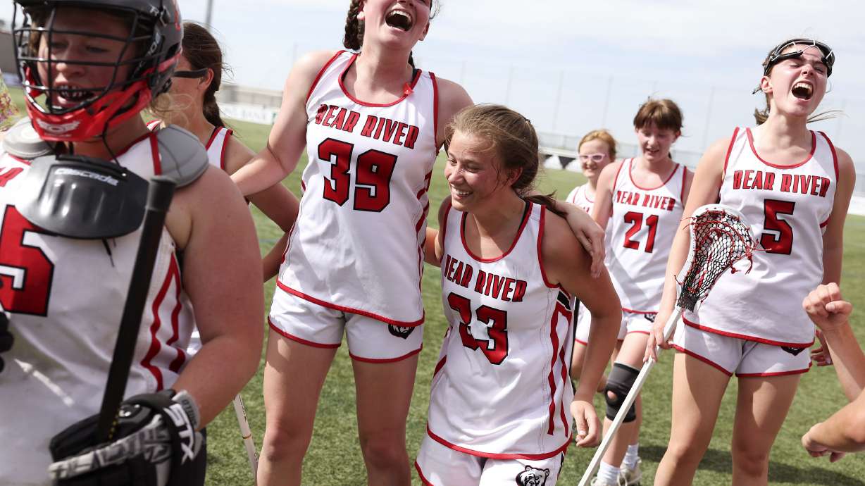 Bear River celebrates their 4A girls lacrosse state championship win against Juan Diego at Zions Bank Stadium in Herriman on Thursday, May 26, 2022.